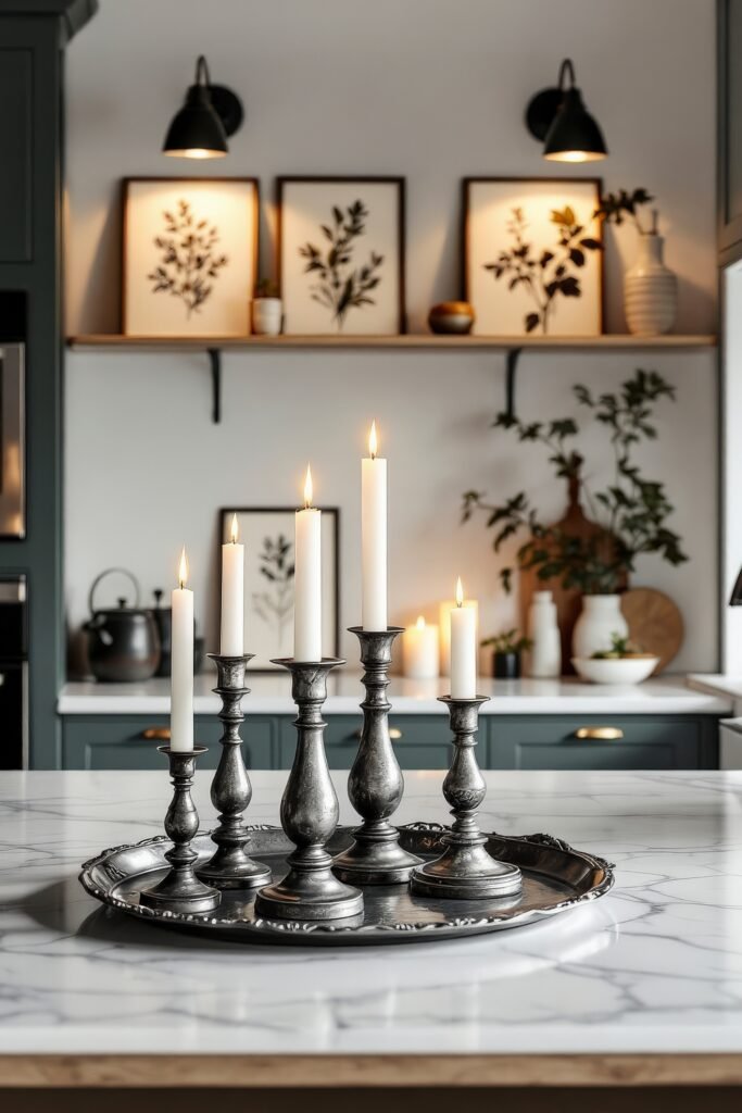 DIY Dark Academia Kitchen Decor: Affordable Tips & Tricks to Transform Your Space 6 Black candle holders with taper candles on marble counter, framed botanical prints and soft lighting add a scholarly kitchen touch.