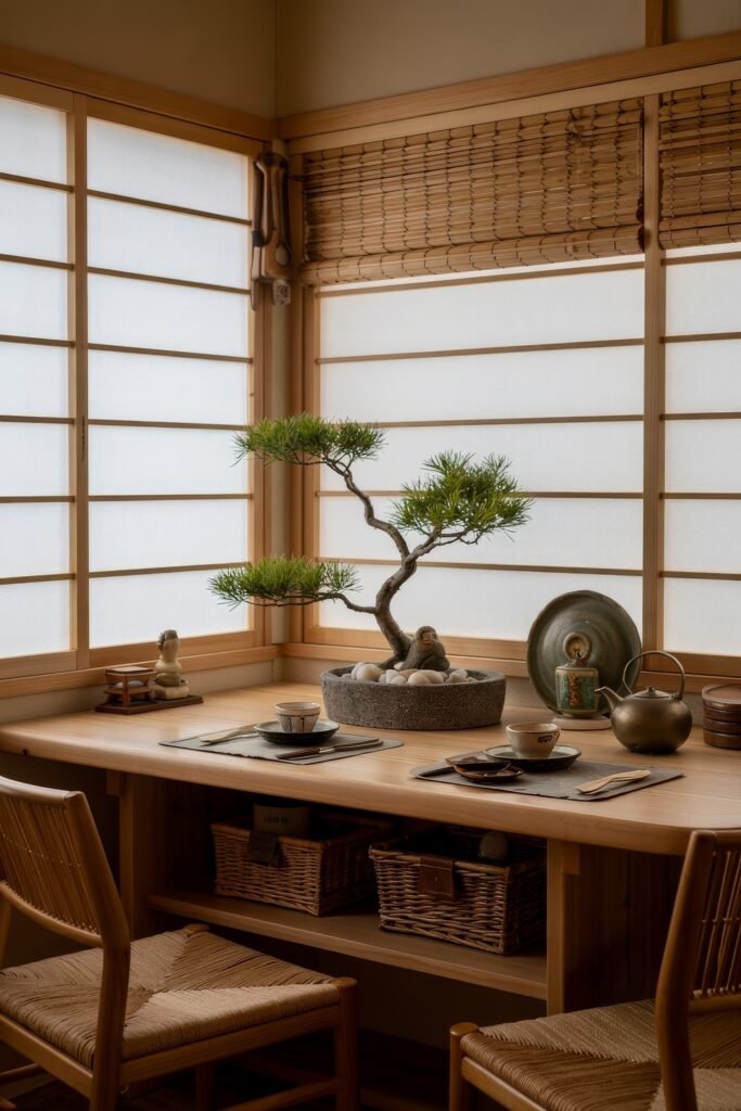 Japanese Breakfast Nook Ideas: Tea Ceremony Style for Tiny Kitchens 8 Traditional Japanese Breakfast Nook with bonsai and tea set on a wooden dining counter.