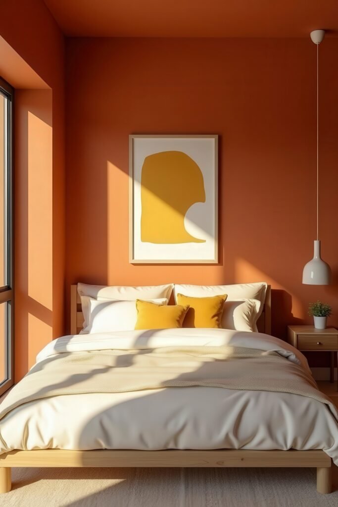 Burnt Orange Bedroom Color Combinations: The Best Shades to Pair for a Stylish Retreat 7 Minimalist bedroom bathed in sunlight with yellow pillows, white bedding, and burnt orange bedroom color combinations.
