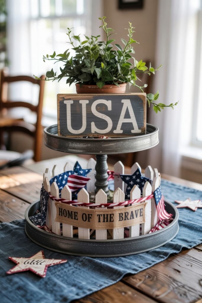 Patriotic 4th of July Table Décor & Centerpieces 9 Tiered centerpiece with a potted plant and USA sign on top, and a mini picket fence with patriotic fabric and “Home of the Brave” banner below, styled on a wooden table.