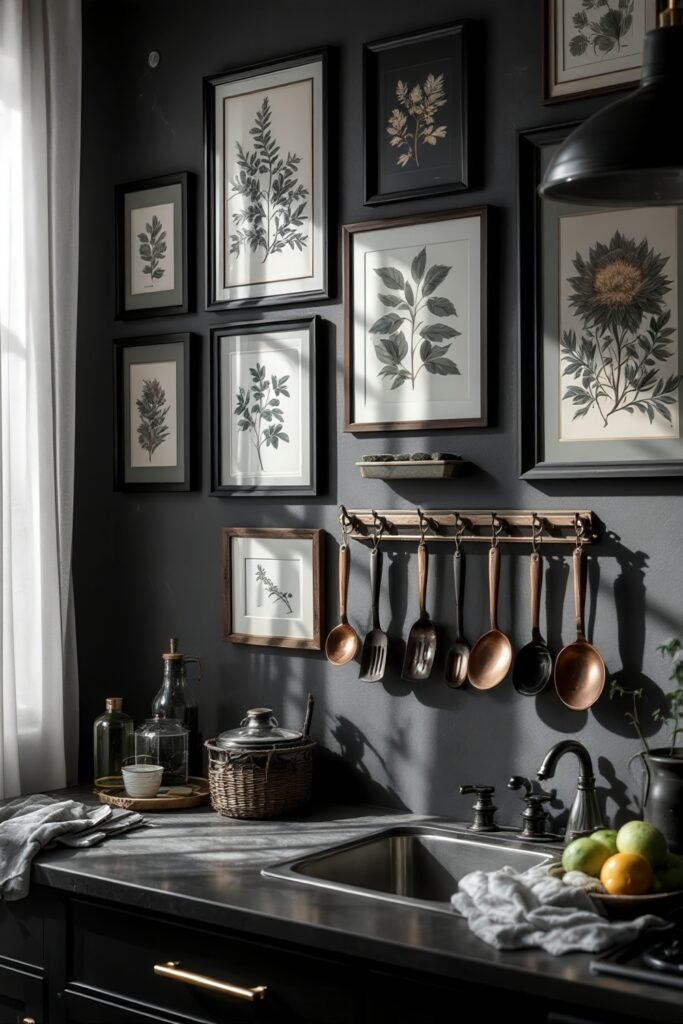 DIY Dark Academia Kitchen Decor: Affordable Tips & Tricks to Transform Your Space 7 Botanical wall prints and vintage copper utensils hung above a dark sink, embracing the Dark Academia Kitchen aesthetic.