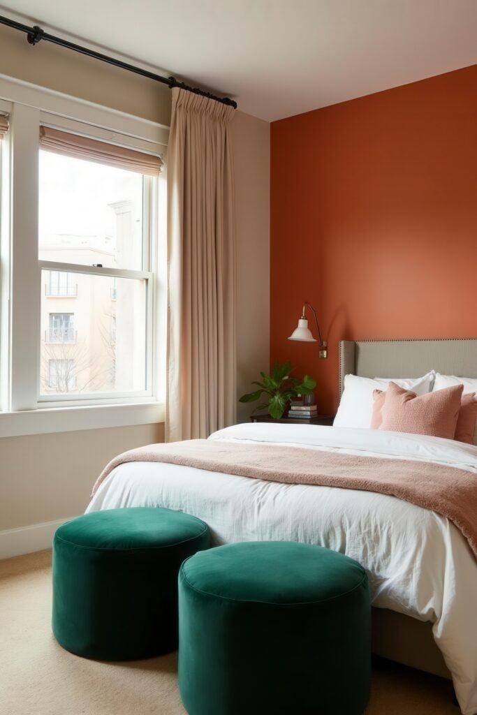 Burnt Orange Bedroom Color Combinations: The Best Shades to Pair for a Stylish Retreat 8 Fresh bedroom design with burnt orange wall, blush bedding, and green ottomans for bold burnt orange bedroom color combinations.