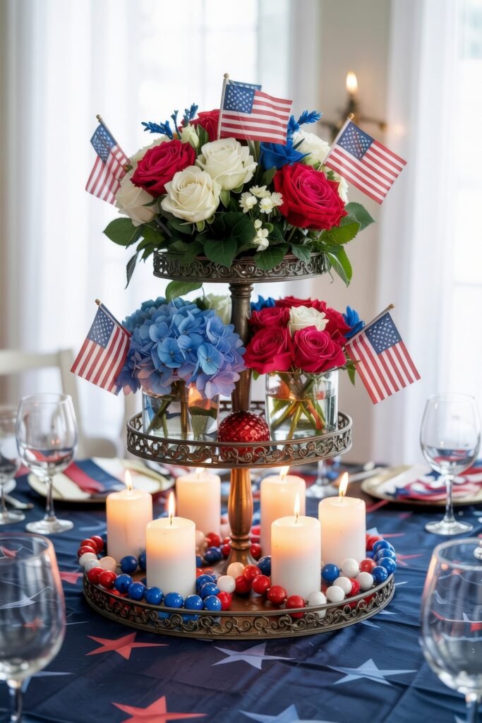 Patriotic 4th of July Table Décor & Centerpieces 10 Elegant 4th of July table décor featuring a tiered floral centerpiece with red, white, and blue flowers, American flags, and candles encircled by red, white, and blue beads.