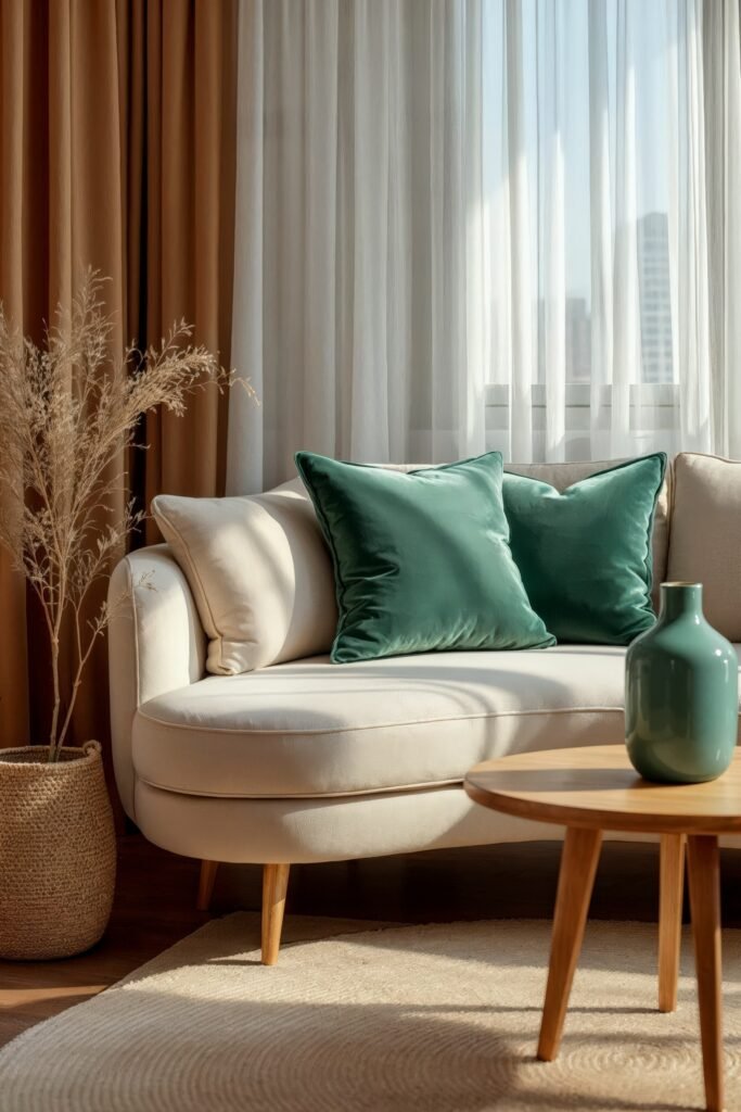 Beige and Green Living Room: Color Pairing Tips & Inspiration 8 Elegant beige and green living room with velvet green pillows, sheer curtains, and a minimalist table.