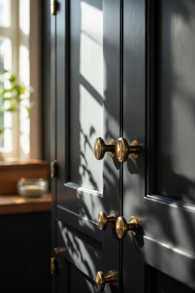 DIY Dark Academia Kitchen Decor: Affordable Tips & Tricks to Transform Your Space 8 Close-up of dark cabinetry with brass knobs, softly lit by morning sun—perfect for a DIY Dark Academia Kitchen touch.