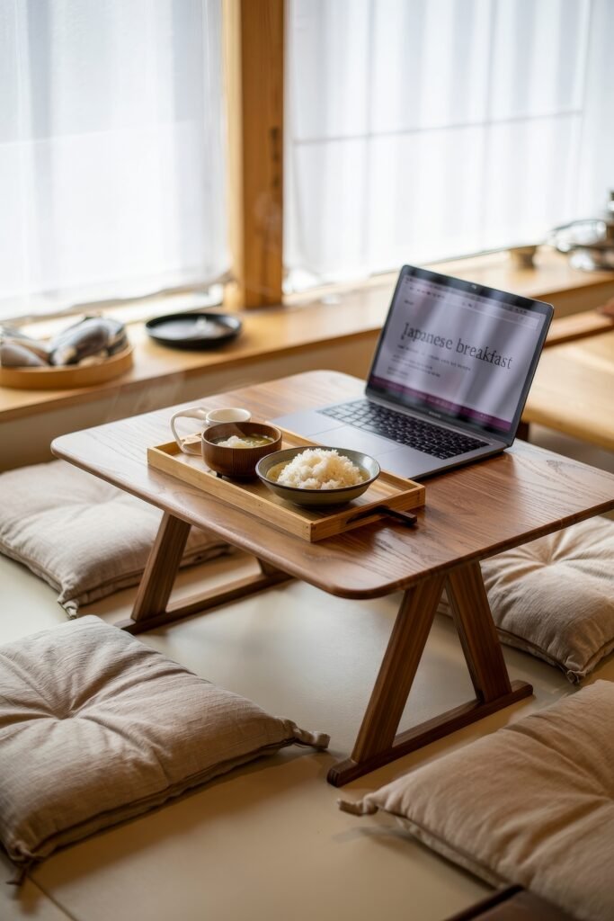 Japanese Breakfast Nook Ideas: Tea Ceremony Style for Tiny Kitchens 9 Laptop and traditional meal on a wooden table in a sunny Japanese Breakfast Nook with floor cushions.