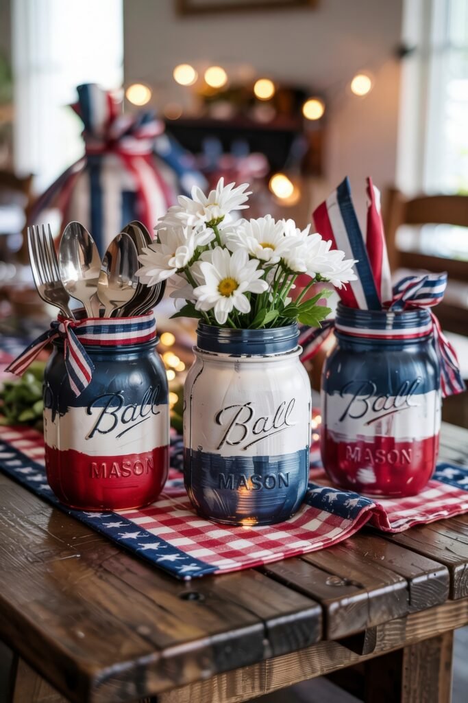 Patriotic 4th of July Table Décor & Centerpieces 11 Red, white, and blue painted mason jars used as utensil holders and vases for daisies, arranged on a rustic table with a patriotic table runner.
