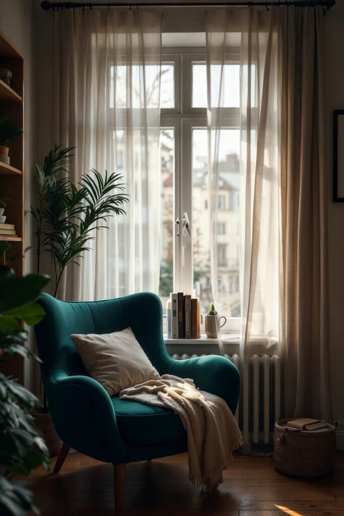 Beige and Green Living Room: Color Pairing Tips & Inspiration 9 A reading spot with a teal armchair by a window, soft blanket, books, and indoor plants.