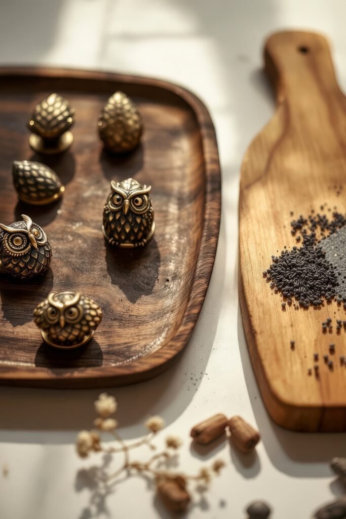 DIY Dark Academia Kitchen Decor: Affordable Tips & Tricks to Transform Your Space 9 Decorative brass owl knobs and seed pods on wooden trays, adding whimsical details to DIY Dark Academia Kitchen Decor.