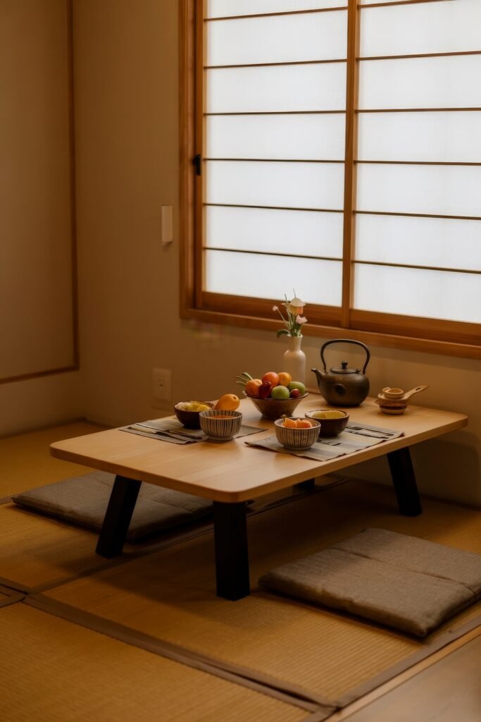 Japanese Breakfast Nook Ideas: Tea Ceremony Style for Tiny Kitchens 10 Cozy Japanese Breakfast Nook with fruit bowls, teapot, and cushions by shoji screens.