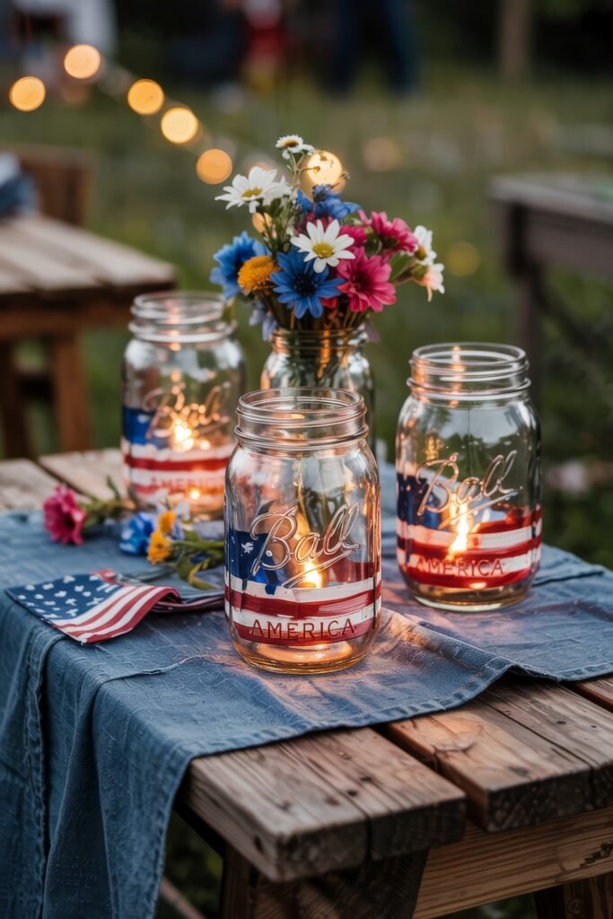 Patriotic 4th of July Table Décor & Centerpieces 12 Outdoor evening table setting with American flag mason jar lanterns and a small bouquet of red, white, and blue flowers, glowing softly under string lights.