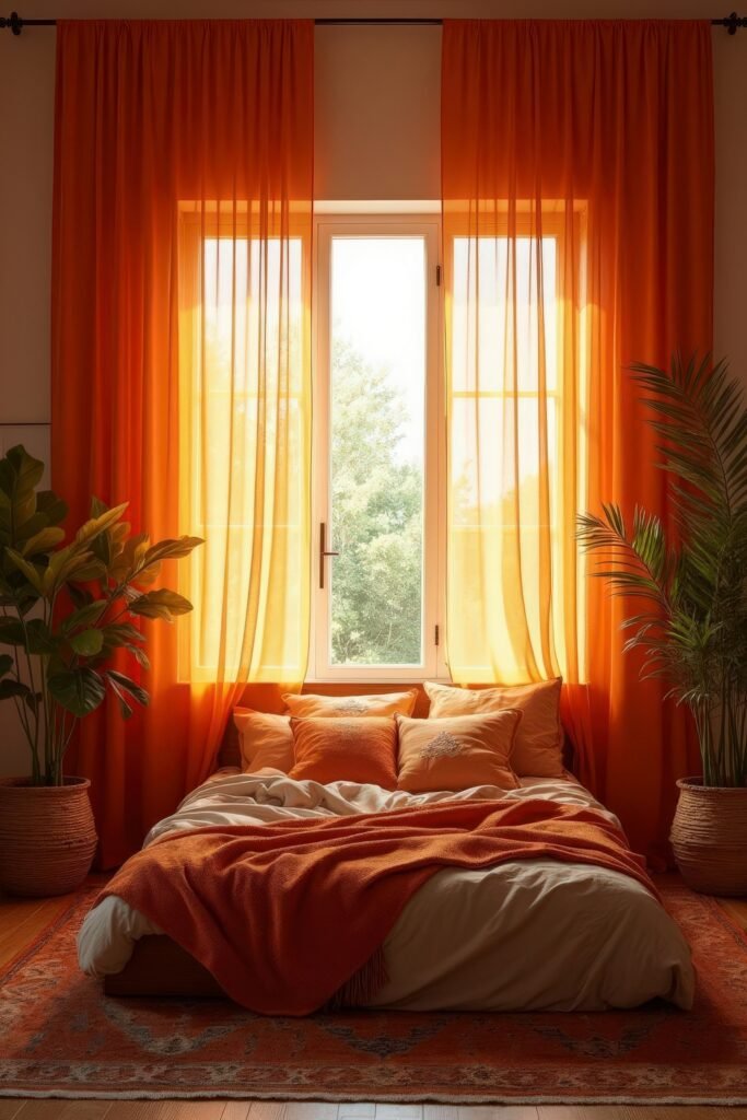Cozy Burnt Orange Boho Bedroom Design Guide 8 Floor-level bed framed by sheer orange curtains and greenery in a serene burnt orange boho bedroom