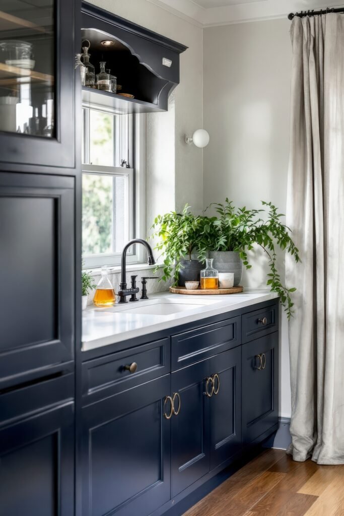 Dark Academia Kitchen Cabinets: Shades & Hardware for a Vintage Aesthetic 8 A compact sink area with navy Dark Academia Kitchen Cabinets, lush plants, and amber-toned glass bottles on display.