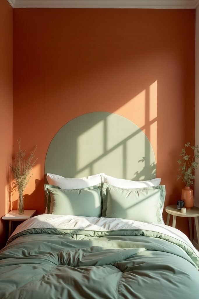 Burnt Orange Bedroom Color Combinations: The Best Shades to Pair for a Stylish Retreat 9 Soft green bedding with a rounded headboard against burnt orange bedroom color combinations in warm sunlight.