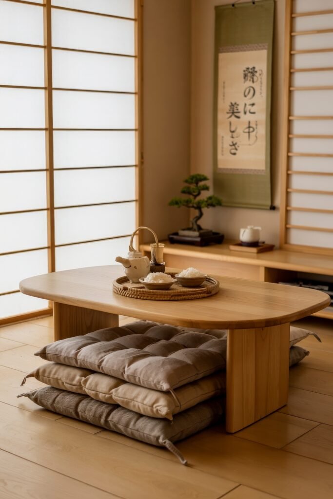 Japanese Breakfast Nook Ideas: Tea Ceremony Style for Tiny Kitchens 11 Minimalist Japanese Breakfast Nook with stacked cushions and rice bowls on a wooden tray.
