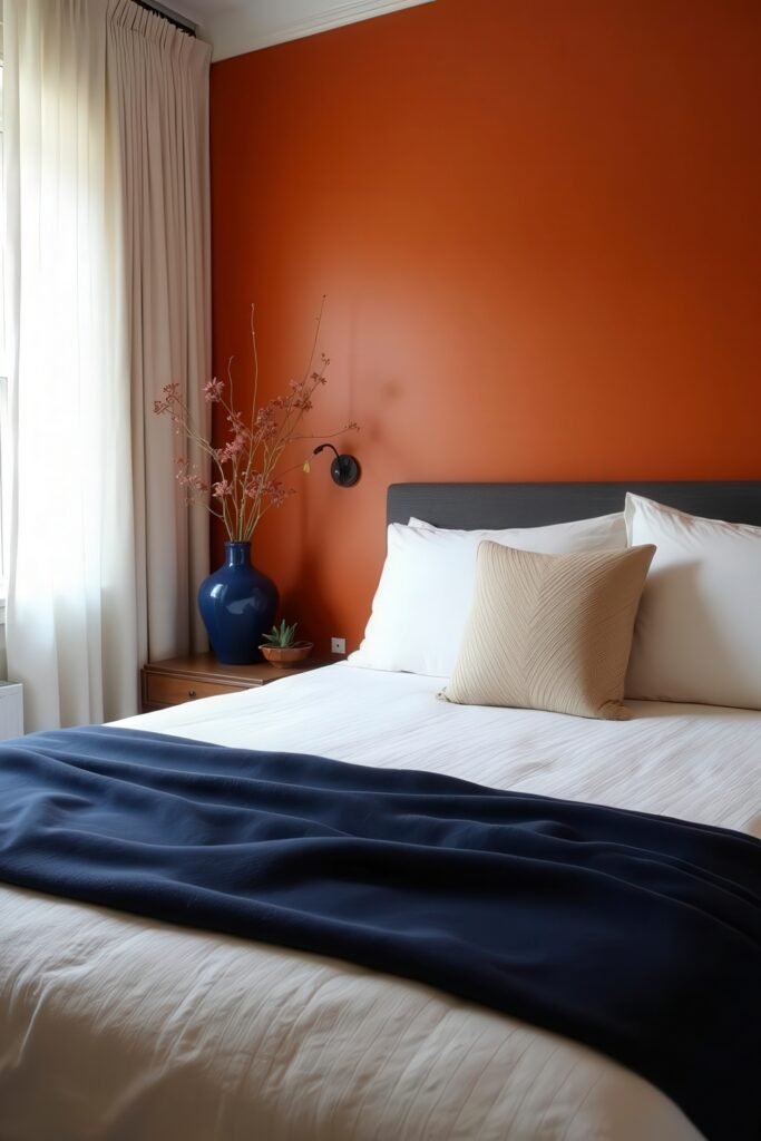 Burnt Orange Bedroom Color Combinations: The Best Shades to Pair for a Stylish Retreat 10 Elegant bedroom with white bedding, navy throw, and burnt orange bedroom color combinations for modern contrast.