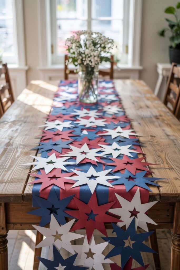 Patriotic 4th of July Table Décor & Centerpieces 13 Dining table decorated with a red, white, and blue star paper runner, complemented by a clear vase filled with baby's breath in the background.