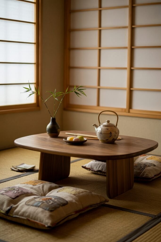 Japanese Breakfast Nook Ideas: Tea Ceremony Style for Tiny Kitchens 12 Simple Japanese Breakfast Nook with a bamboo vase, sweets, and a teapot on a low wooden table.