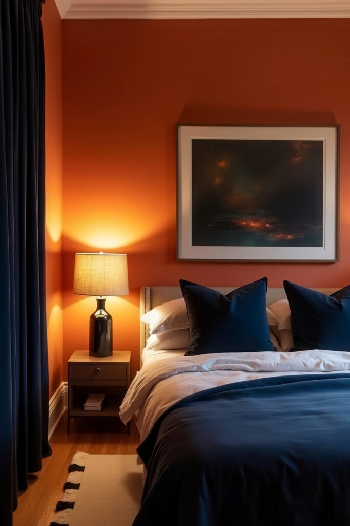 Burnt Orange Bedroom Color Combinations: The Best Shades to Pair for a Stylish Retreat 11 Cozy bedroom with navy accents and burnt orange bedroom color combinations lit by a warm bedside lamp.