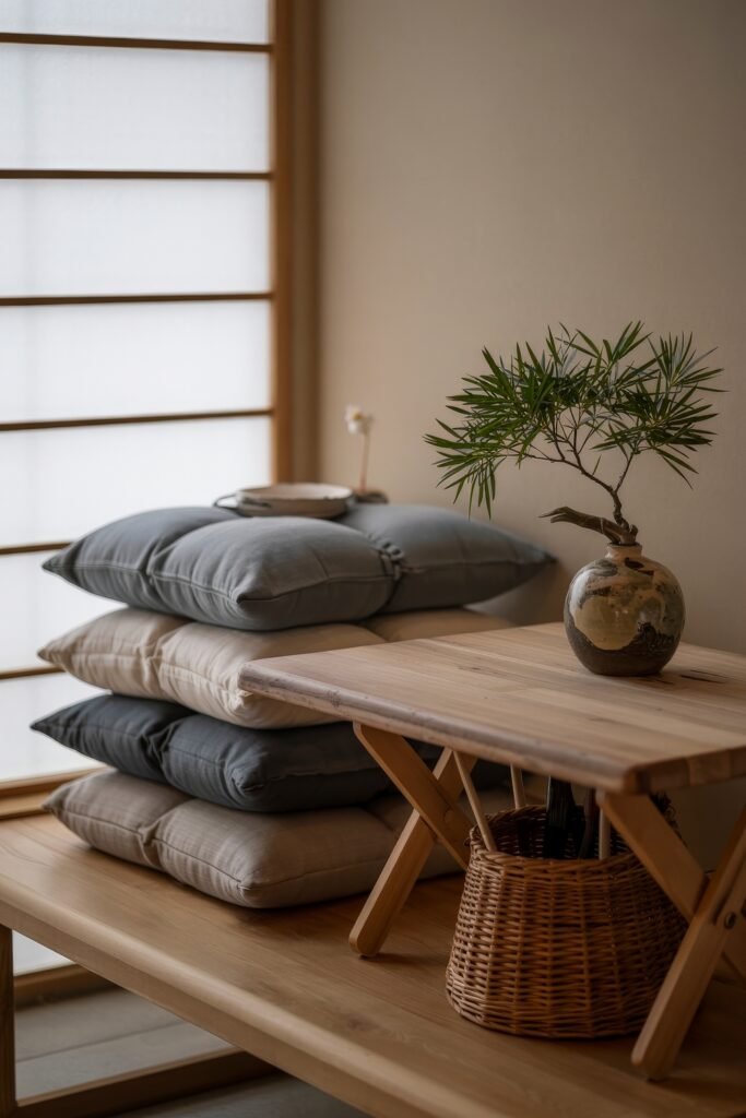 Japanese Breakfast Nook Ideas: Tea Ceremony Style for Tiny Kitchens 13 Neat Japanese Breakfast Nook corner with stacked cushions and a small potted plant.