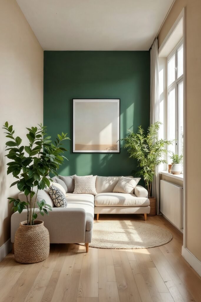 Beige and Green Living Room: Color Pairing Tips & Inspiration 10 Stylish beige and green living room with light wood floor, large plants, and an art piece on a green wall.