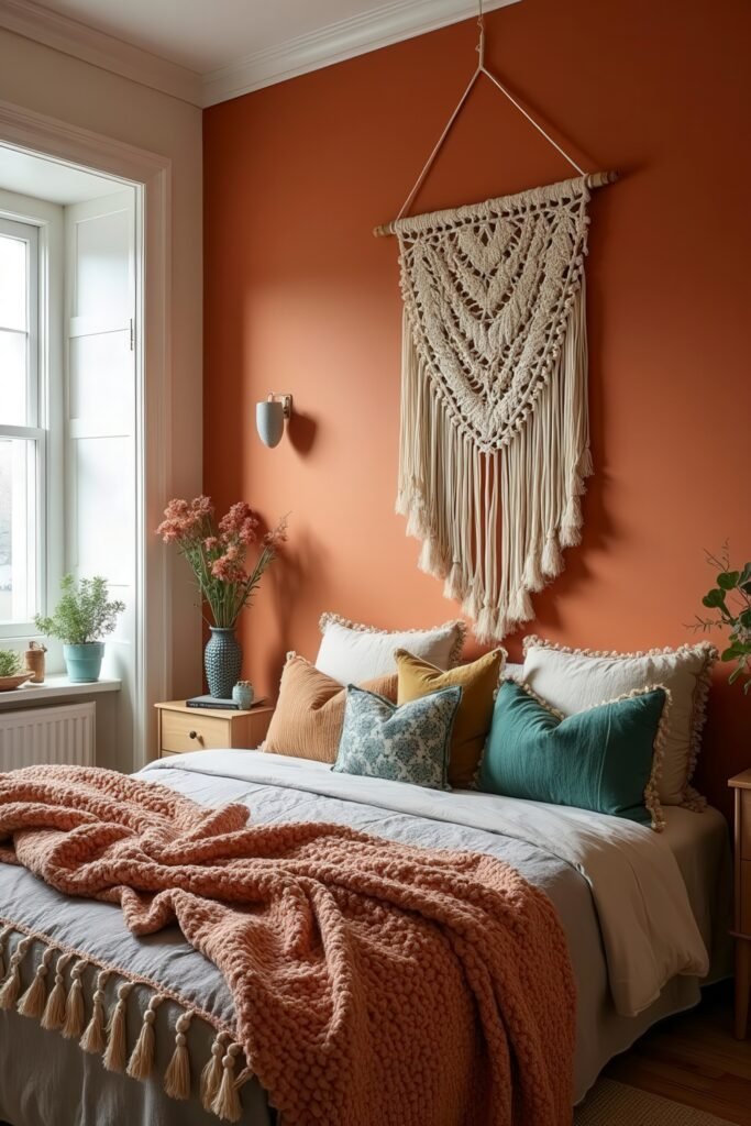 Cozy Burnt Orange Boho Bedroom Design Guide 9 Burnt orange boho bedroom with tasseled throw blanket, colorful pillows, and macramé wall hanging