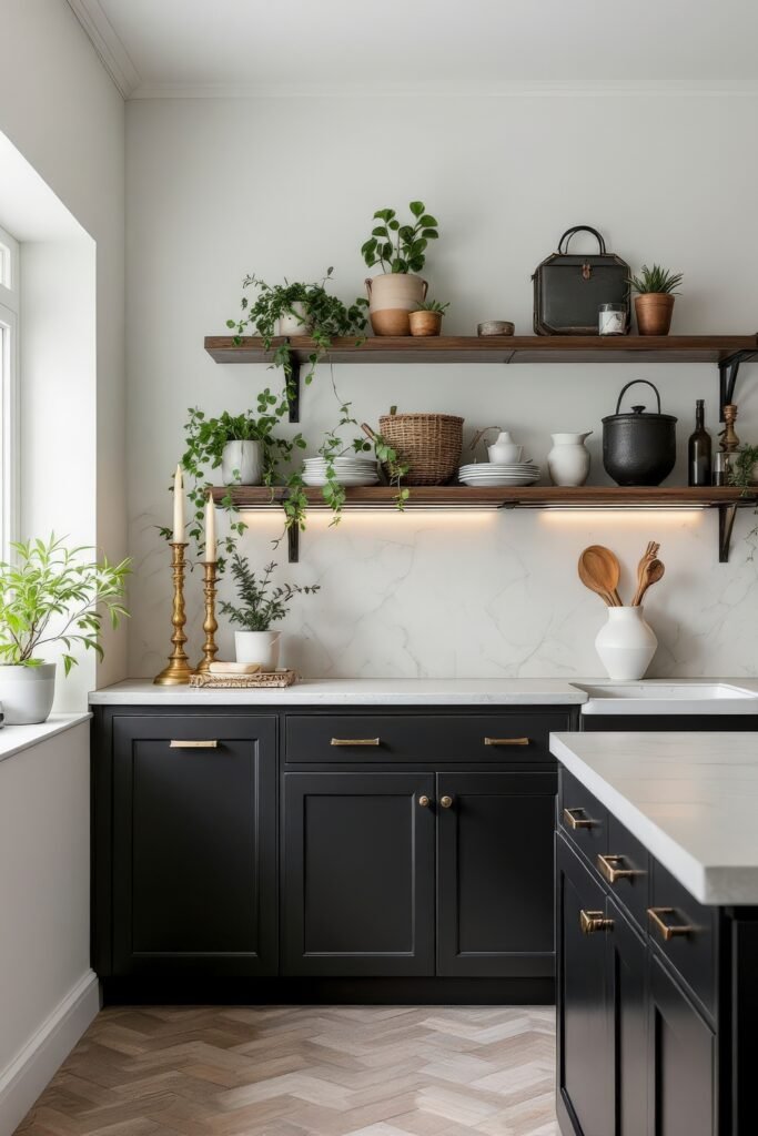 Dark Academia Kitchen Cabinets: Shades & Hardware for a Vintage Aesthetic 9 Black cabinets beneath wooden shelves lined with plants and pottery, merging rustic warmth with Dark Academia Kitchen charm.
