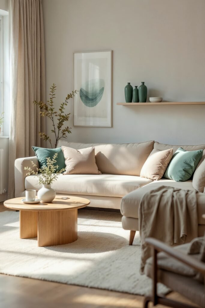 Beige and Green Living Room: Color Pairing Tips & Inspiration 11 Sunlit beige and green living room with soft cushions, wall art, and a minimalist coffee table.