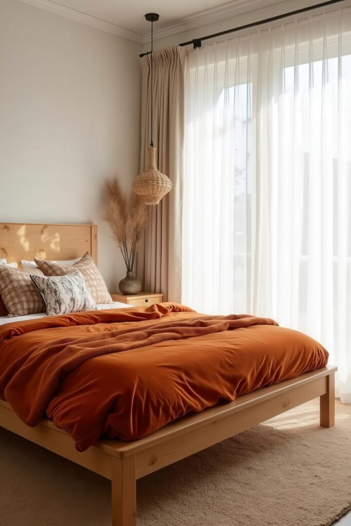 Cozy Burnt Orange Boho Bedroom Design Guide 10 Sunlit minimalist bedroom with burnt orange bedding, wooden bed frame, and natural woven pendant