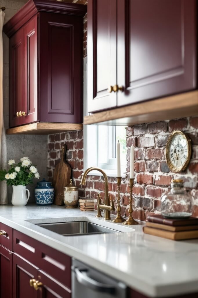 Dark Academia Kitchen Cabinets: Shades & Hardware for a Vintage Aesthetic 10 Burgundy cabinets and exposed brick walls frame a white countertop with brass fixtures and vintage Dark Academia decor.
