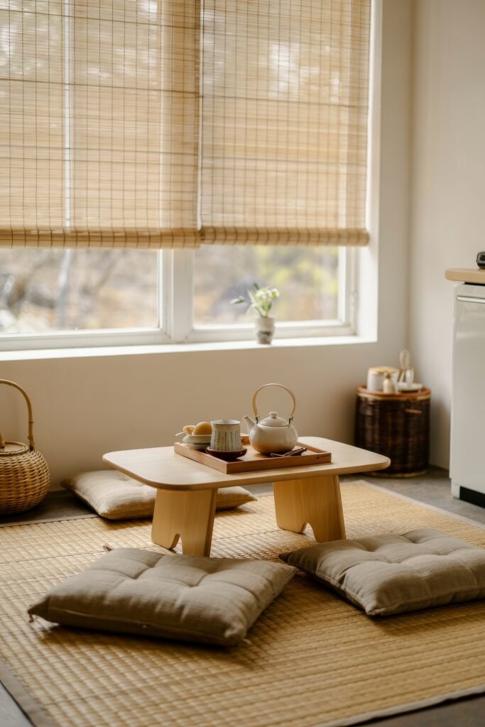 Japanese Breakfast Nook Ideas: Tea Ceremony Style for Tiny Kitchens 14 Bright Japanese Breakfast Nook with tea set on a low table and tatami mat flooring.