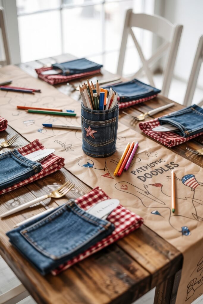 Patriotic 4th of July Table Décor & Centerpieces 14 Fun kids’ table setup with patriotic doodle-themed kraft paper table cover, red gingham napkins, denim pocket silverware holders, and colored pencils for drawing.