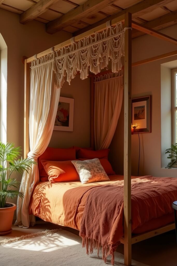 Cozy Burnt Orange Boho Bedroom Design Guide 11 Canopy bed in a burnt orange boho bedroom with macramé curtains and warm, earthy decor