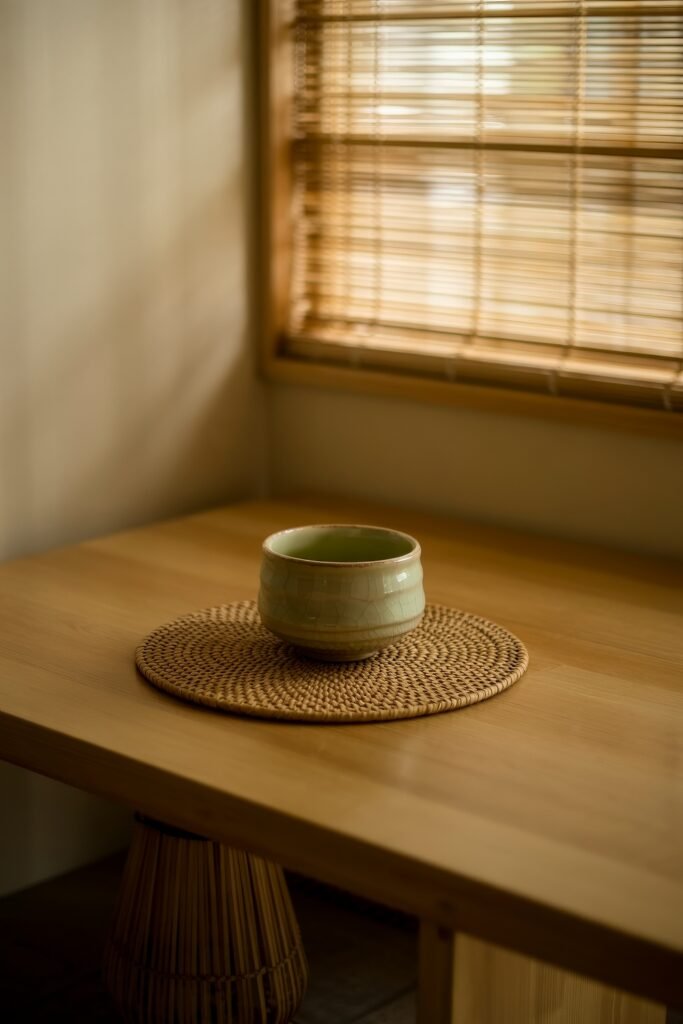 Japanese Breakfast Nook Ideas: Tea Ceremony Style for Tiny Kitchens 15 A single tea bowl on a woven coaster by a window in a serene Japanese Kitchen.