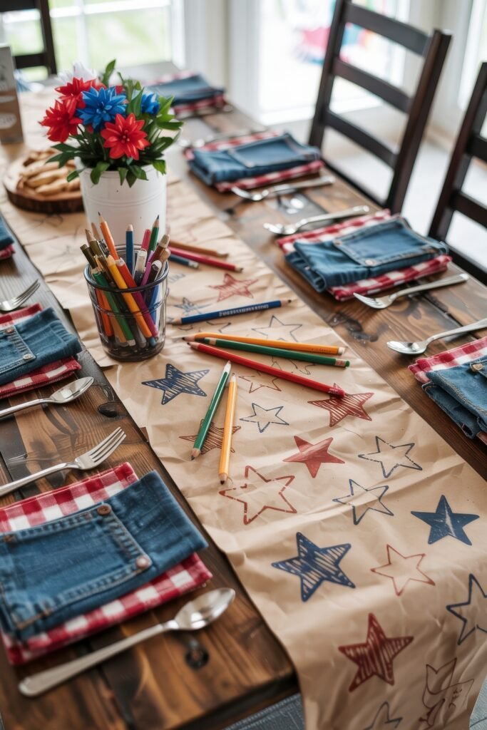 Patriotic 4th of July Table Décor & Centerpieces 15 Playful 4th of July table with kraft paper runner covered in stamped stars, denim napkins, red gingham accents, and cups of colorful pencils for drawing.