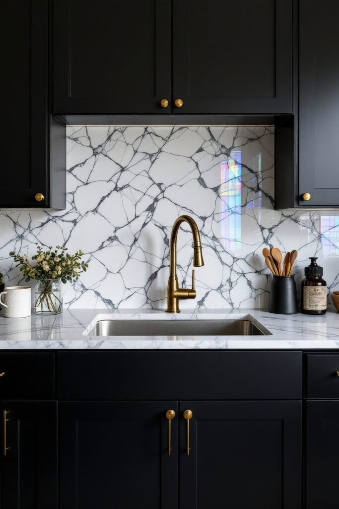 DIY Dark Academia Kitchen Decor: Affordable Tips & Tricks to Transform Your Space 11 Black cabinetry with a white marble backsplash and brass faucet, styled for a bold yet elegant Dark Academia Kitchen.