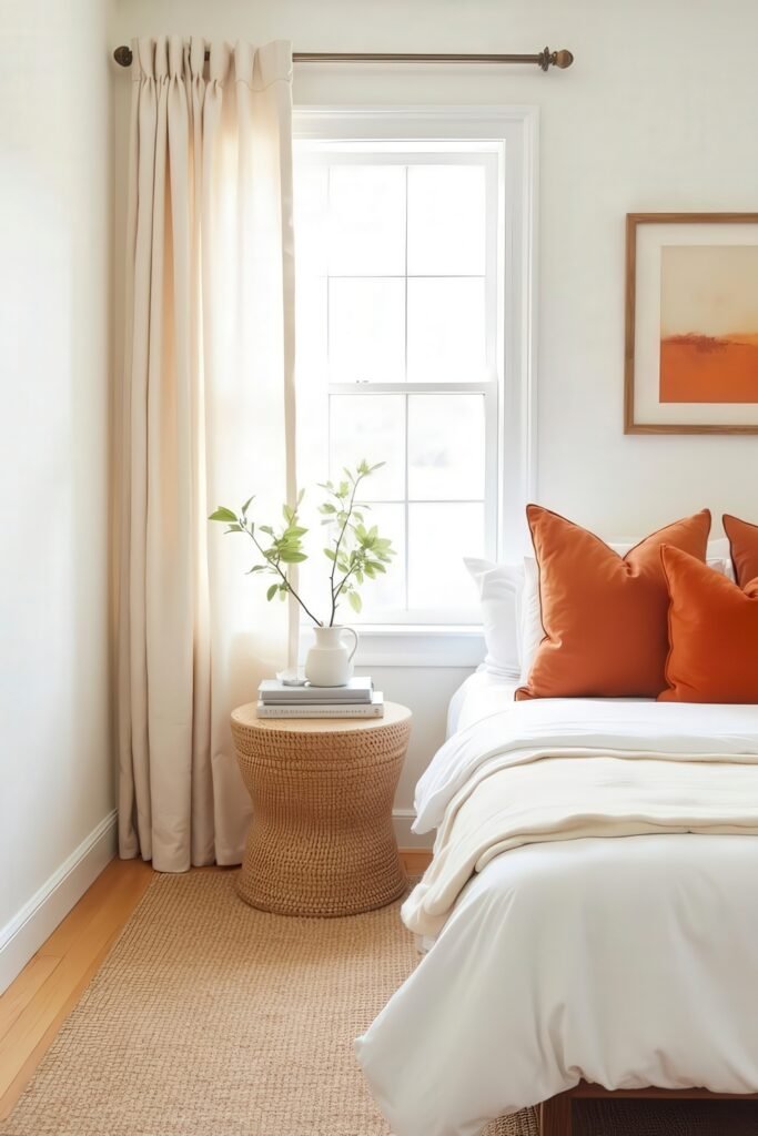 Burnt Orange Bedroom Color Combinations: The Best Shades to Pair for a Stylish Retreat 12 Bright white bedroom with bold burnt orange pillows and artwork, a subtle nod to burnt orange bedroom color combinations.