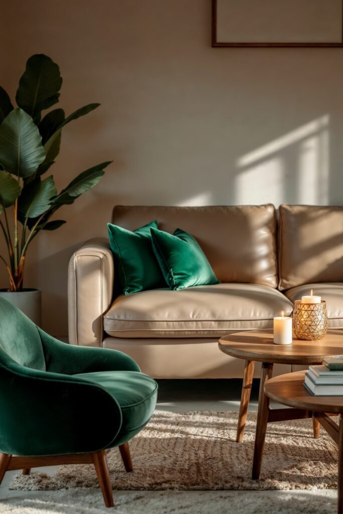 Beige and Green Living Room: Color Pairing Tips & Inspiration 13 Beige and green living room with emerald pillows, candles, and tropical plants in warm sunlight.