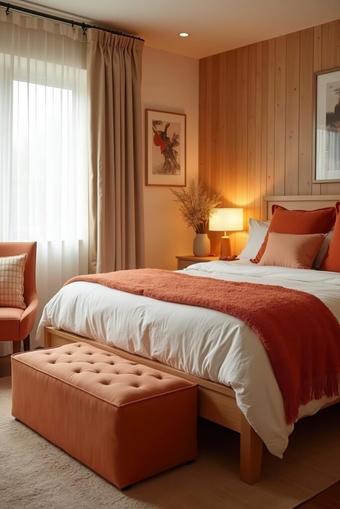 Cozy Burnt Orange Boho Bedroom Design Guide 12 Cozy burnt orange boho bedroom with tufted bench, wooden walls, and layered textiles