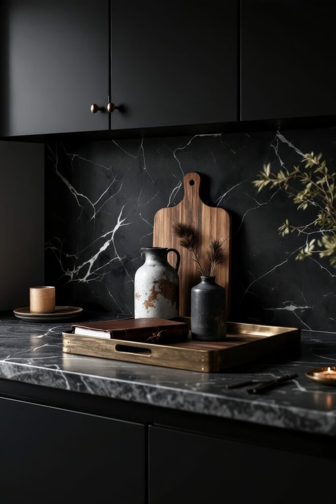 DIY Dark Academia Kitchen Decor: Affordable Tips & Tricks to Transform Your Space 12 Moody black countertop with rustic pottery, cutting boards, and a leather-bound book, perfect for Dark Academia Kitchen styling.