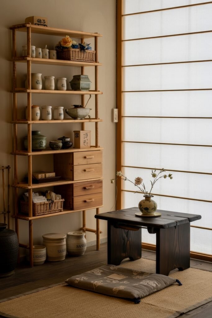 Japanese Breakfast Nook Ideas: Tea Ceremony Style for Tiny Kitchens 16 Small Japanese Kitchen corner with rustic shelving, pottery, and a dark wooden table.