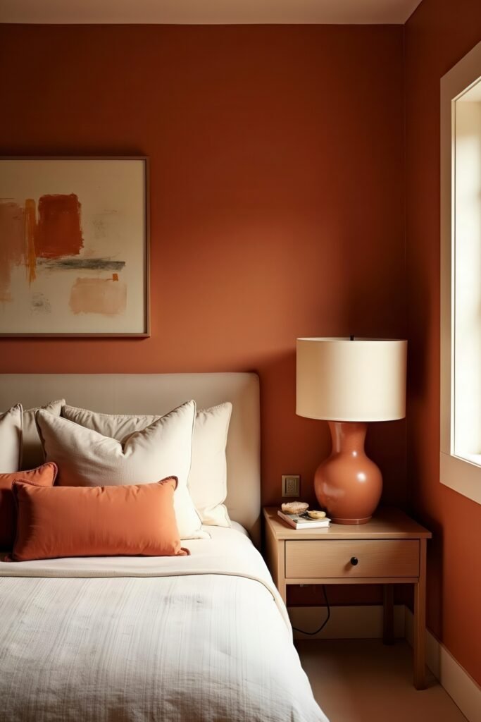 Burnt Orange Bedroom Color Combinations: The Best Shades to Pair for a Stylish Retreat 13 Warm, minimalist bedroom with burnt orange pillows, lamp, and wall for cohesive burnt orange bedroom color combinations.