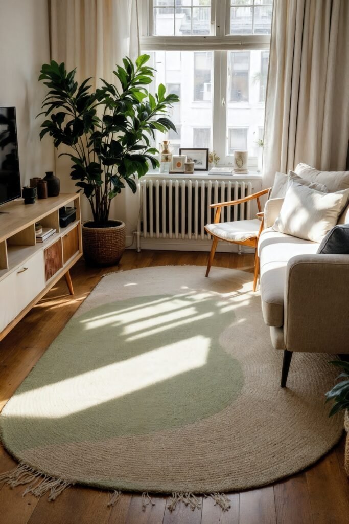 Beige and Green Living Room: Color Pairing Tips & Inspiration 14 Light-filled beige and green living room with a large plant, pale green rug, and wooden furniture.