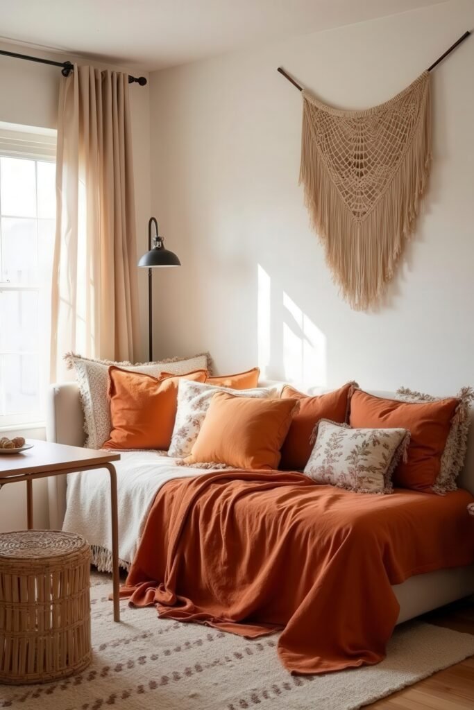 Cozy Burnt Orange Boho Bedroom Design Guide 13 Bright boho corner with burnt orange pillows and macramé wall hanging above a cozy daybed