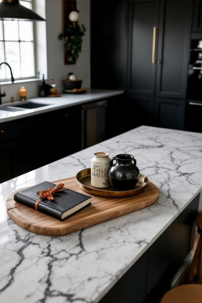 DIY Dark Academia Kitchen Decor: Affordable Tips & Tricks to Transform Your Space 13 Marble island with a wood tray, vintage jars, and a tied notebook—simple, poetic accents for DIY Dark Academia Kitchen Decor.