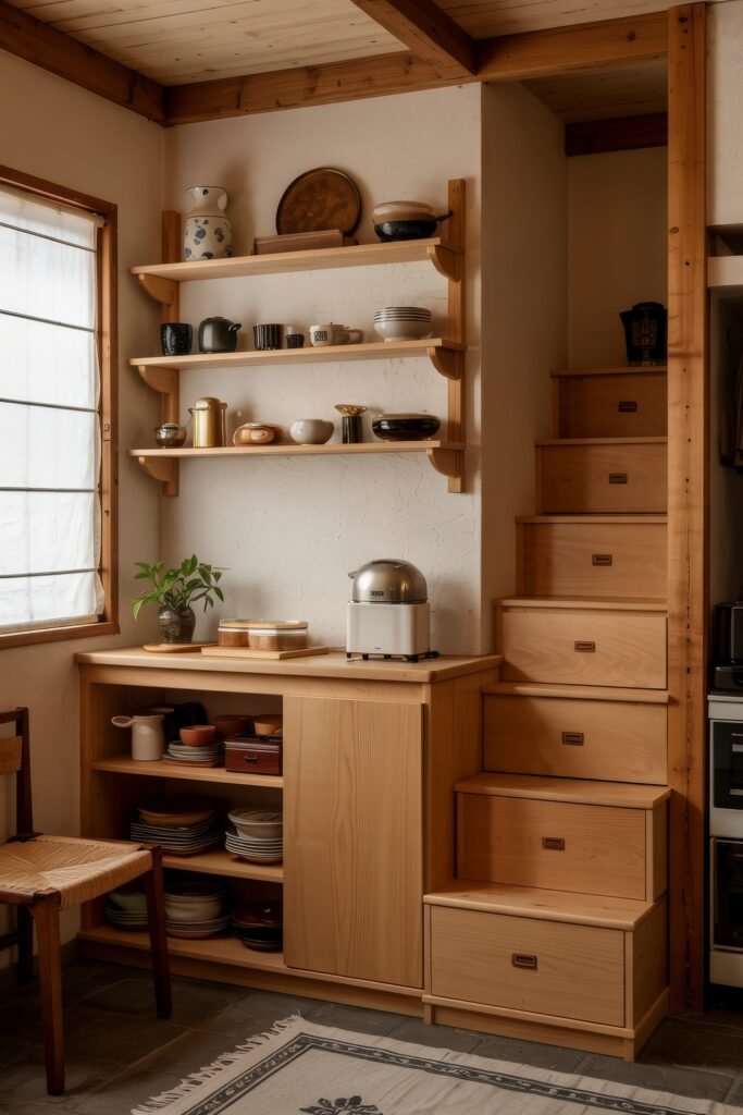 Japanese Breakfast Nook Ideas: Tea Ceremony Style for Tiny Kitchens 17 Warm Japanese Kitchen space with wooden shelves, dishes, and a compact cooking area.