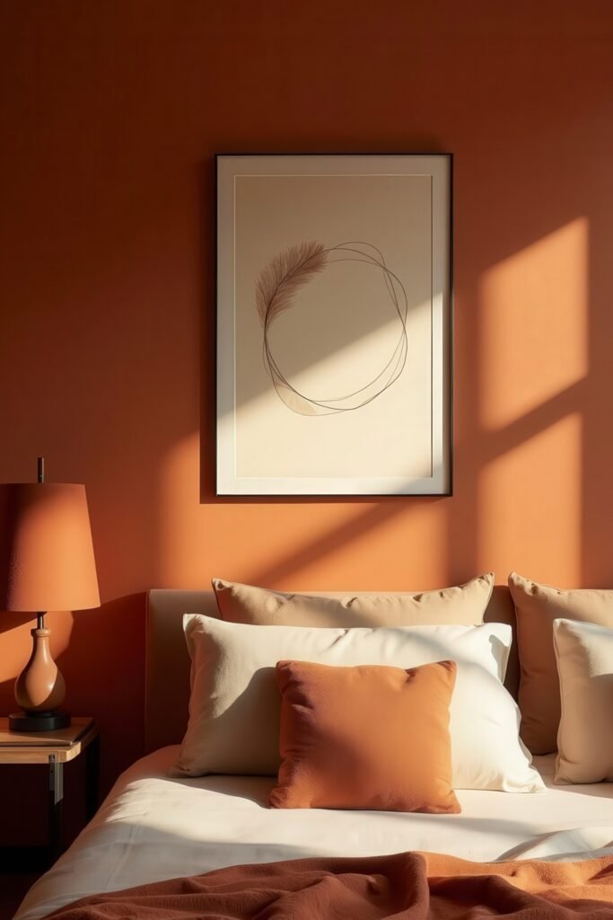 Burnt Orange Bedroom Color Combinations: The Best Shades to Pair for a Stylish Retreat 14 Burnt orange bedroom color combinations with neutral bedding and artwork create a sunlit, tranquil space.