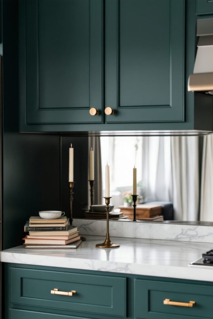 Dark Academia Kitchen Cabinets: Shades & Hardware for a Vintage Aesthetic 11 Dark Academia Kitchen Cabinets with gold handles, mirrored backsplash, brass candlesticks, and stacked vintage books.