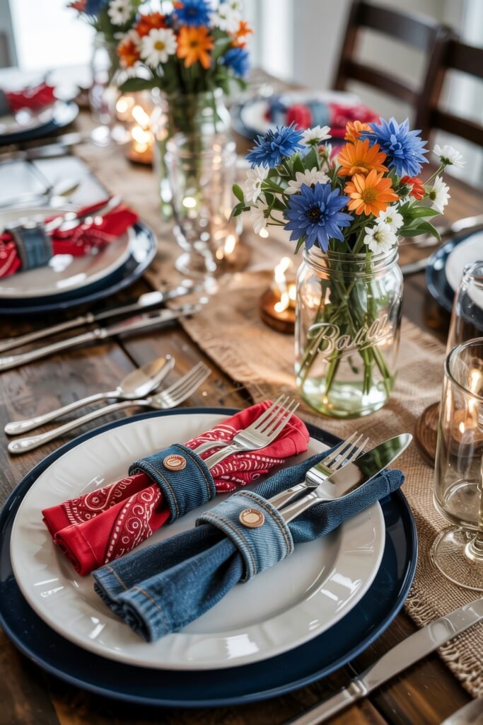 Patriotic 4th of July Table Décor & Centerpieces 16 Patriotic place setting with denim and red bandana napkin rings, layered plates, mason jar flower vases, and candlelight on a burlap runner.