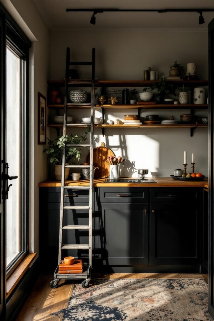 DIY Dark Academia Kitchen Decor: Affordable Tips & Tricks to Transform Your Space 14 Rolling ladder leans against dark lower cabinets and open shelving filled with ceramics in a softly lit Dark Academia Kitchen.